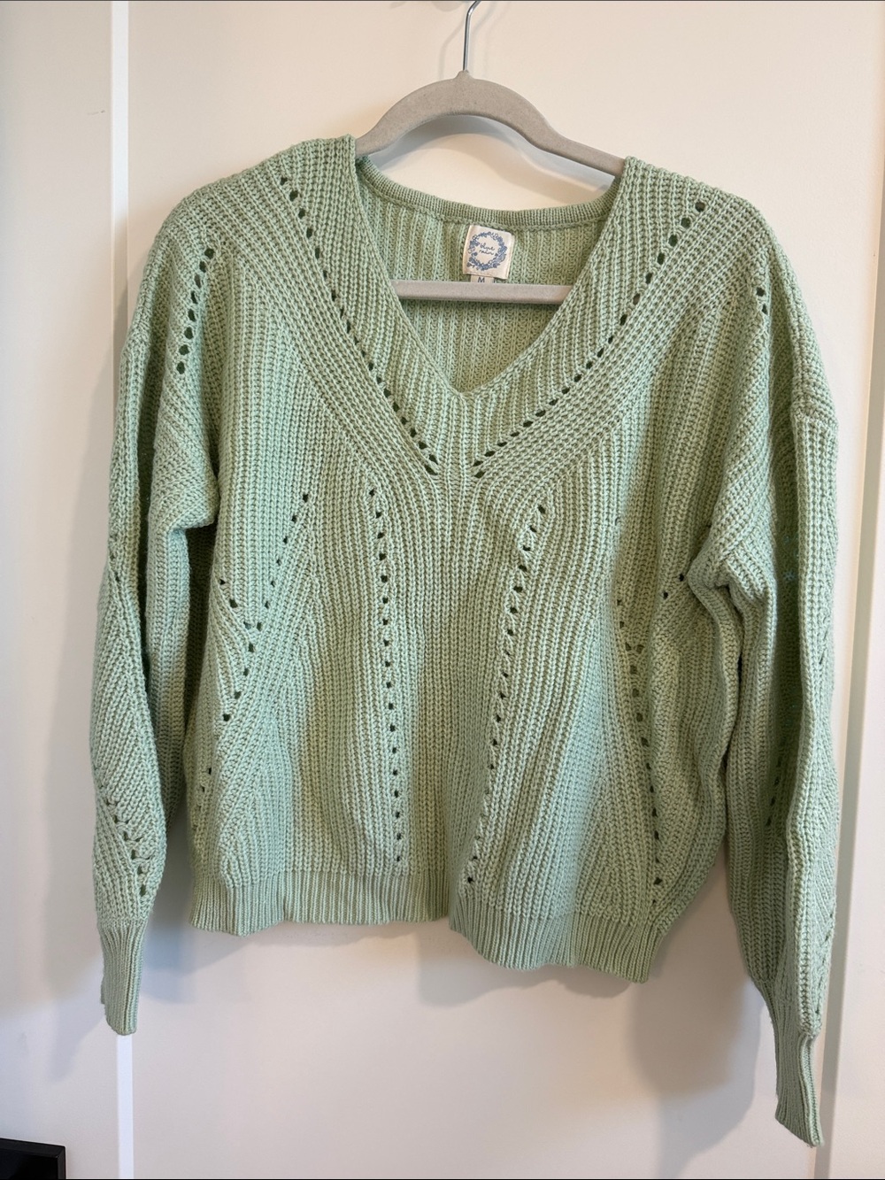 Blue Rain Light Sage Green V-Neck Pointelle Knit Sweater